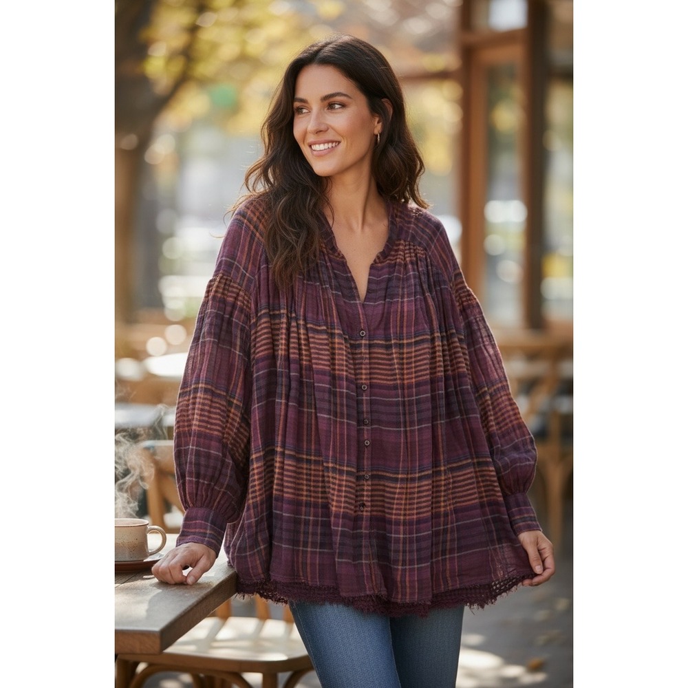 Free People Plaid Tunic Top Purple Orange Oversized Frayed Hem Gauze S NWT